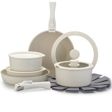 17Pcs Pots and Pans Set Non Stick, Non Stick RV Cookware Set with Detachable Handle, Dishwasher/Oven Safe Cookware Set, White