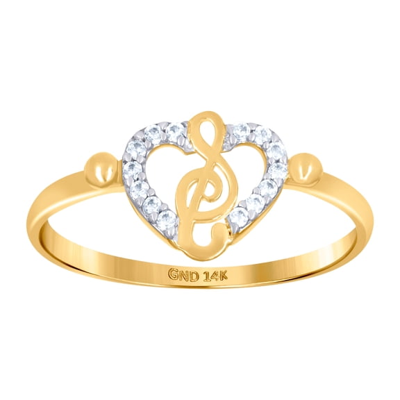 14k Two-tone Gold Womens Cubic Zirconia Treble Clef Love Heart Ring 8.5mm Long Statement Ring for Women