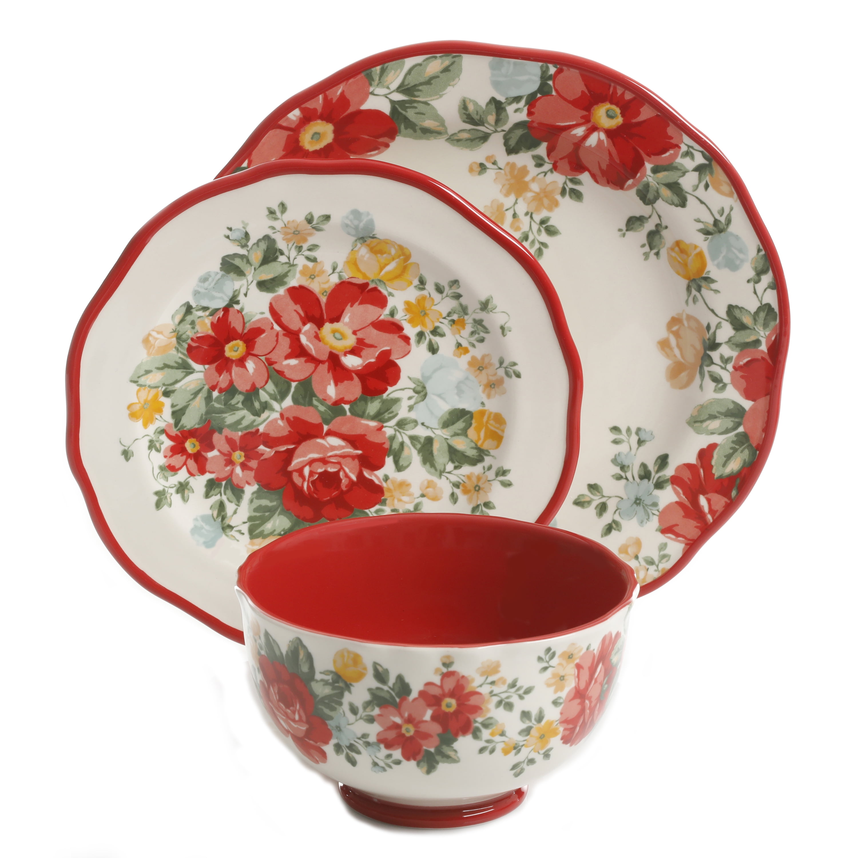 The Pioneer Woman Vintage Floral 12 Piece Dinnerware Set Red Walmart