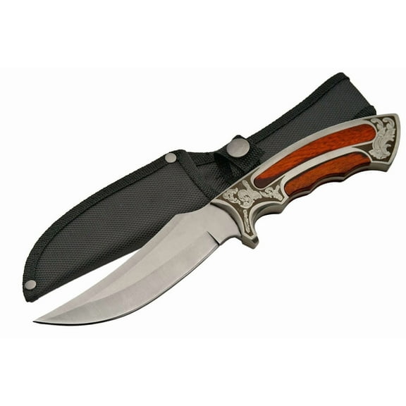 SZCO Supplies 10" Silver Outdoor Fixed Blade Utility Knife with Pakkawood Handle and Sheath