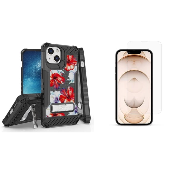 Bemz iPhone 13 Bundle: Tri Shield Shockproof Armor Rugged Case (White Red Flower), Premium Glass Screen Protectors (2-Pack)