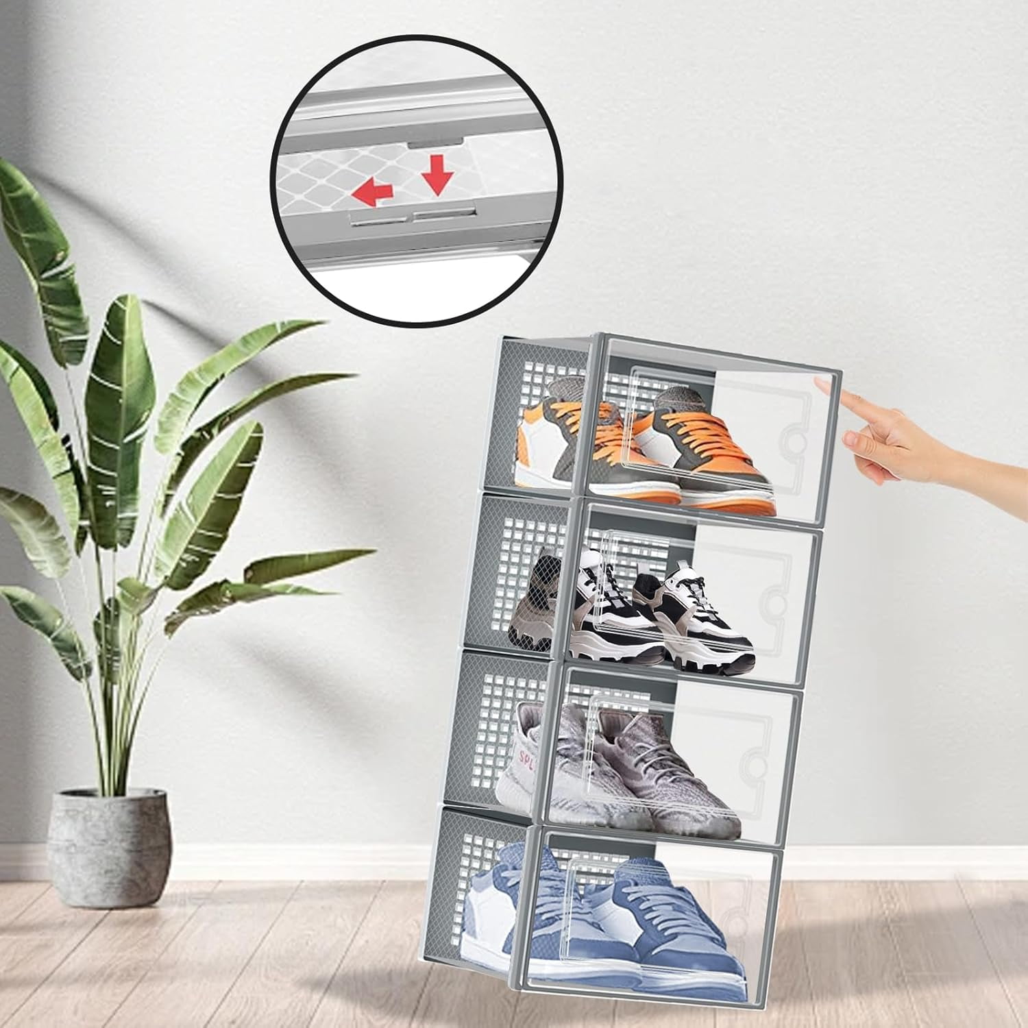 DQQKMM 12-Pack XL Shoe Storage Box, Clear Shoe box Plastic Stackable Shoe Organizer for Closet, Space Saving Foldable Shoe Rack Sneaker Container Bin Holder(gray)