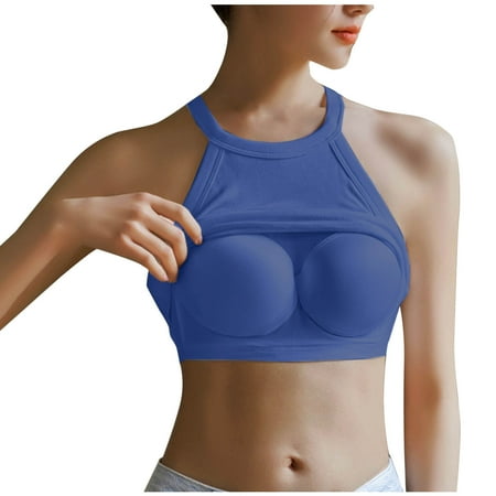 ABATAB Halter Crop Tops for Women Crewneck Cropped Tank Tops Going out Sleeveless Plain Backless Trendy Tops with Self Bra