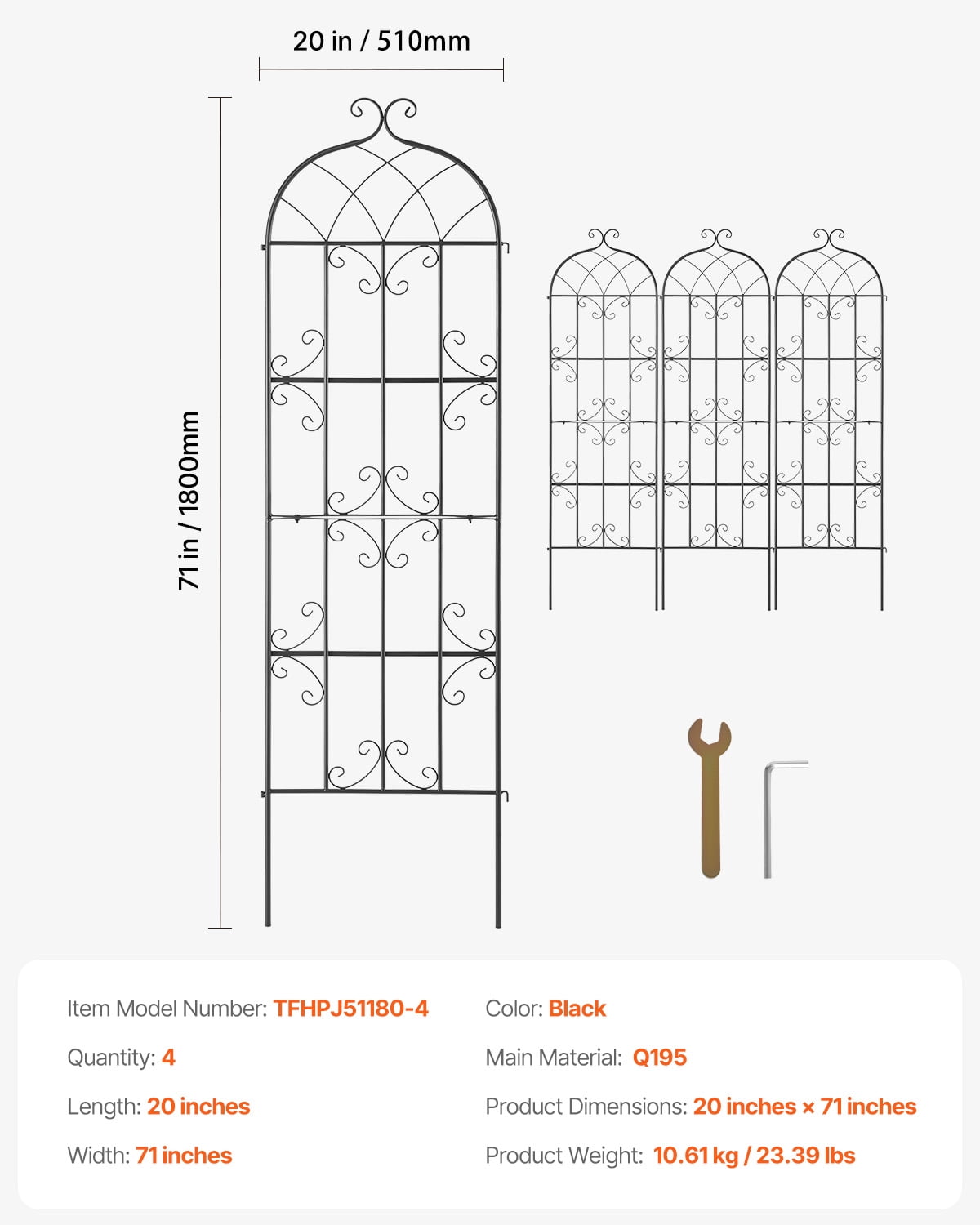 KFFKFF Outdoor Plant Support, 71 x 20 in, Set of 4 Durable Metal Garden Trellises, Ideal for Climbing Roses and Cucumbers, Decorative Clematis Trellis for Yards and Gardens