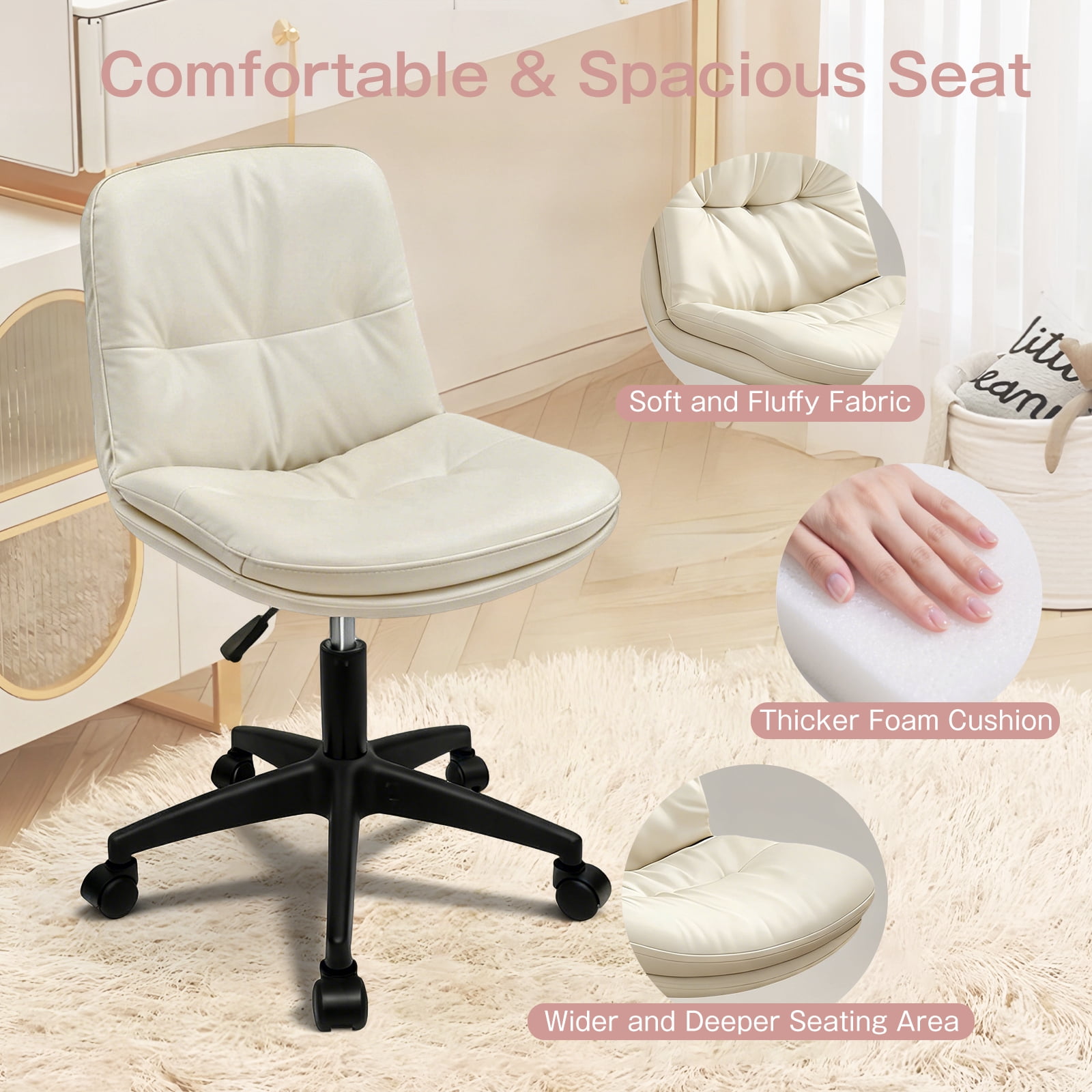 Small Office Desk Chair, PU Leather Armless Swivel Chair with Lumbar Pillow, Height Adjustable Task Chair for Small Spaces, Bedroom & Vanity Beige