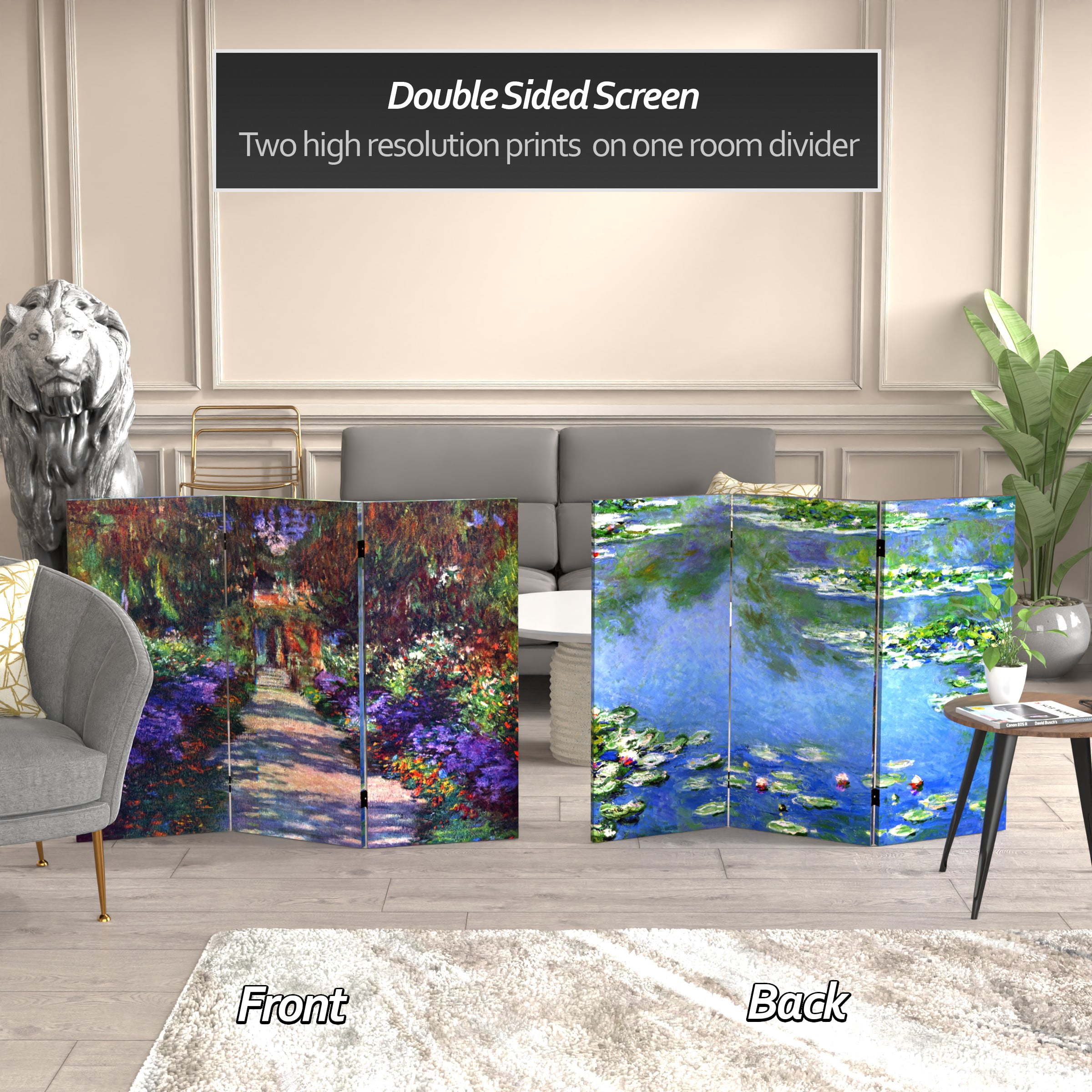 Red Lantern 3 ft. Short Monet Canvas Folding Screen - Lilies/Garden at Giverny
