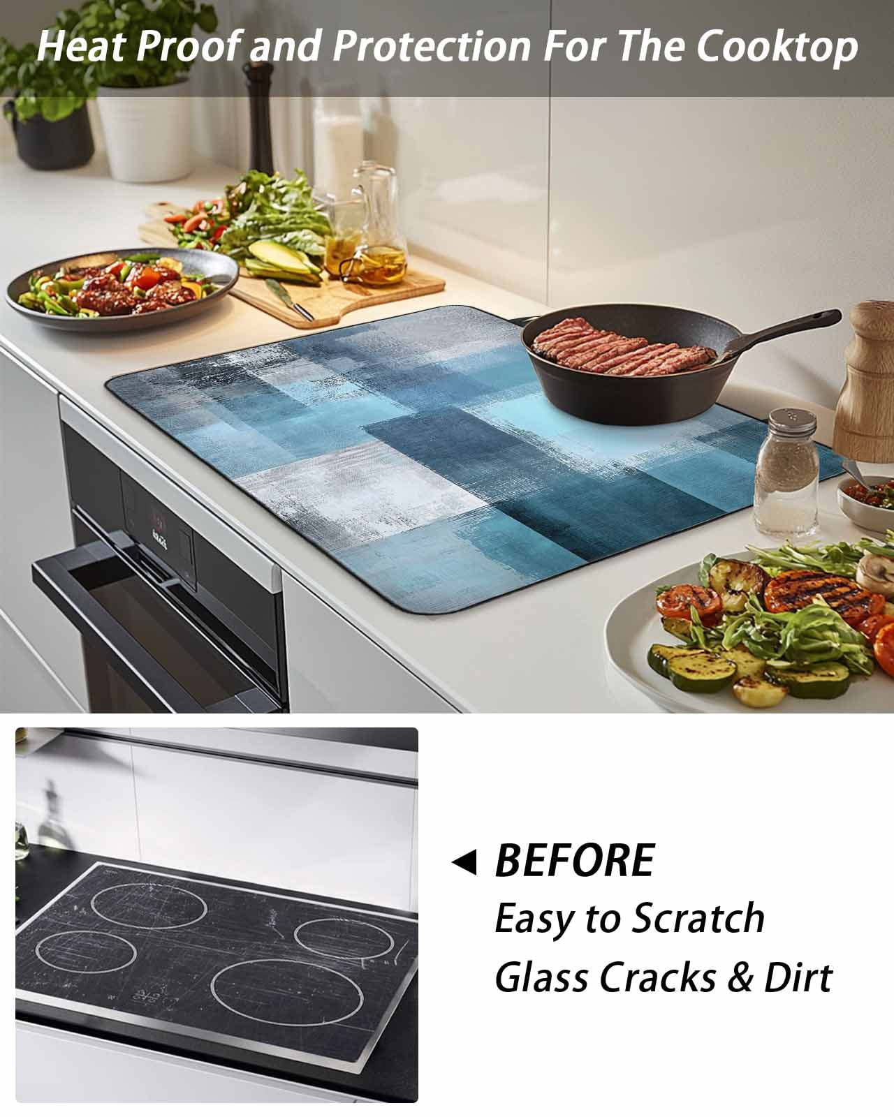 Stove Top Covers for Electric Stove, Teal Blue Glass Stovetop Cover Protector, Modern Oil Painting Abstract Ombre Geometric Induction Cooktop Protector Oven Mat for Kitchen Countertop 24"x21"