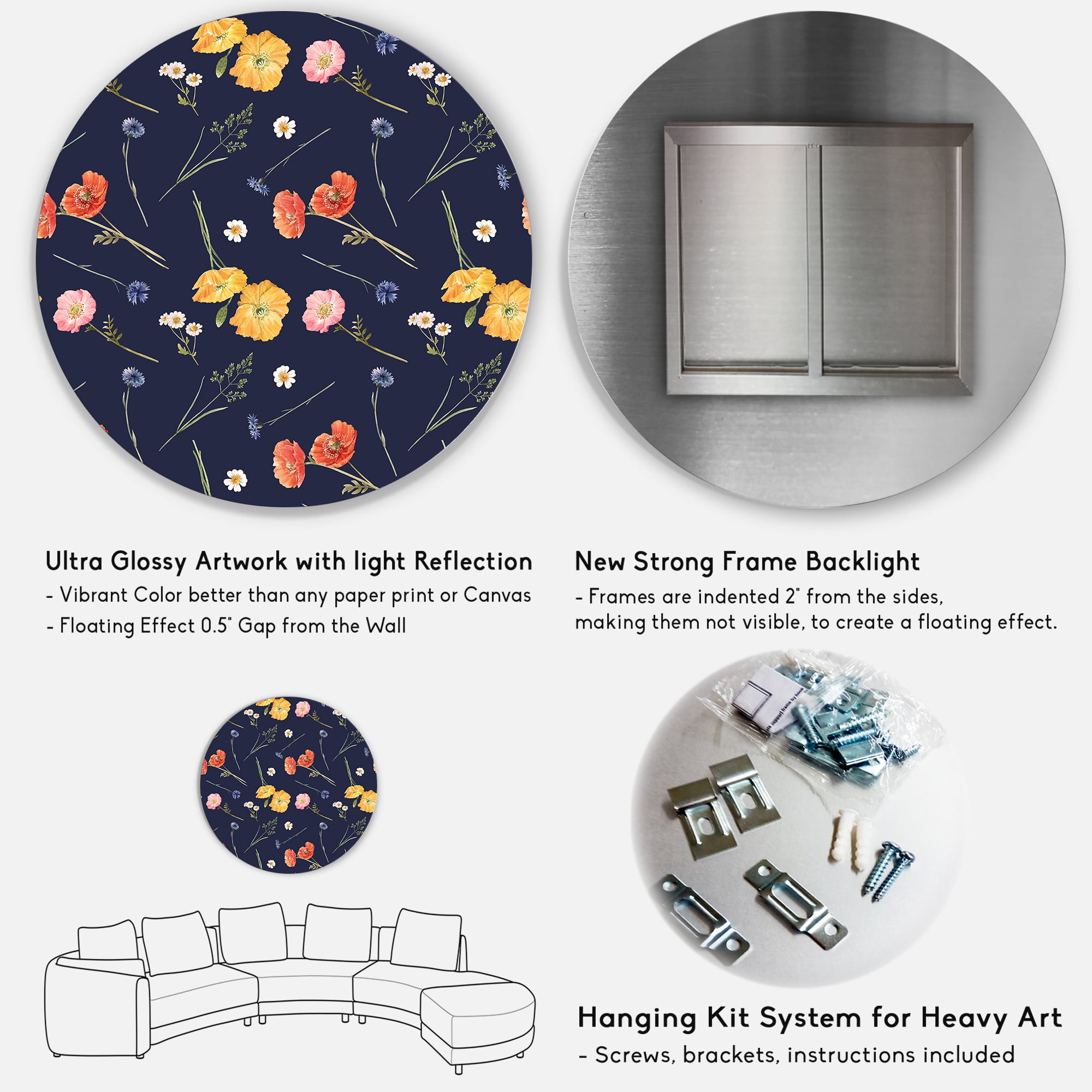 Designart 'Yellow and Orange Wild Flowers On Dark Blue' Traditional Circle Metal Wall Art 11x11 - Disc of 11