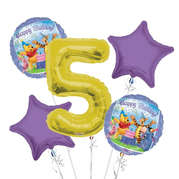 Winnie the Pooh Balloon Bouquet 5th Birthday 5 pcs - Party Supplies