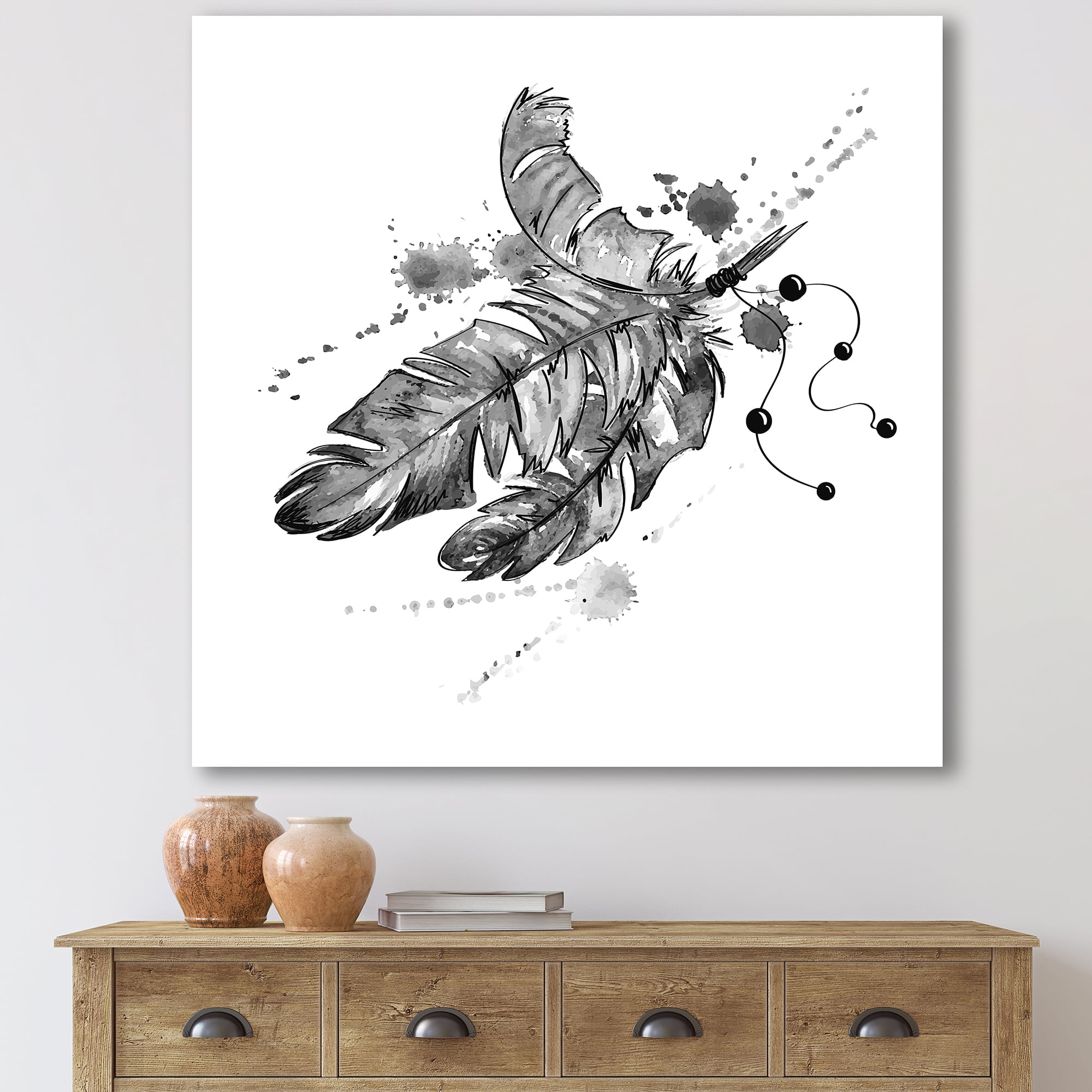 Designart ' Black and White Feathers Impression ' Traditional Canvas Wall Art Print