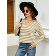 thumbnail image 5 of Womens Sweaters 2025 V Neck Long Sleeve Striped Tops Fall Winter Comfy Knit Clothes Pullover Sweater Brown & White XL, 5 of 8
