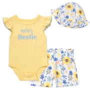Baby Essentials Baby Girl 3-Piece Layette Set, Bodysuit, Floral Shorts & Sun Bucket Hat, Spring Summer Vacation Outfit, (Mama's Bestie Yellow, 3 months)