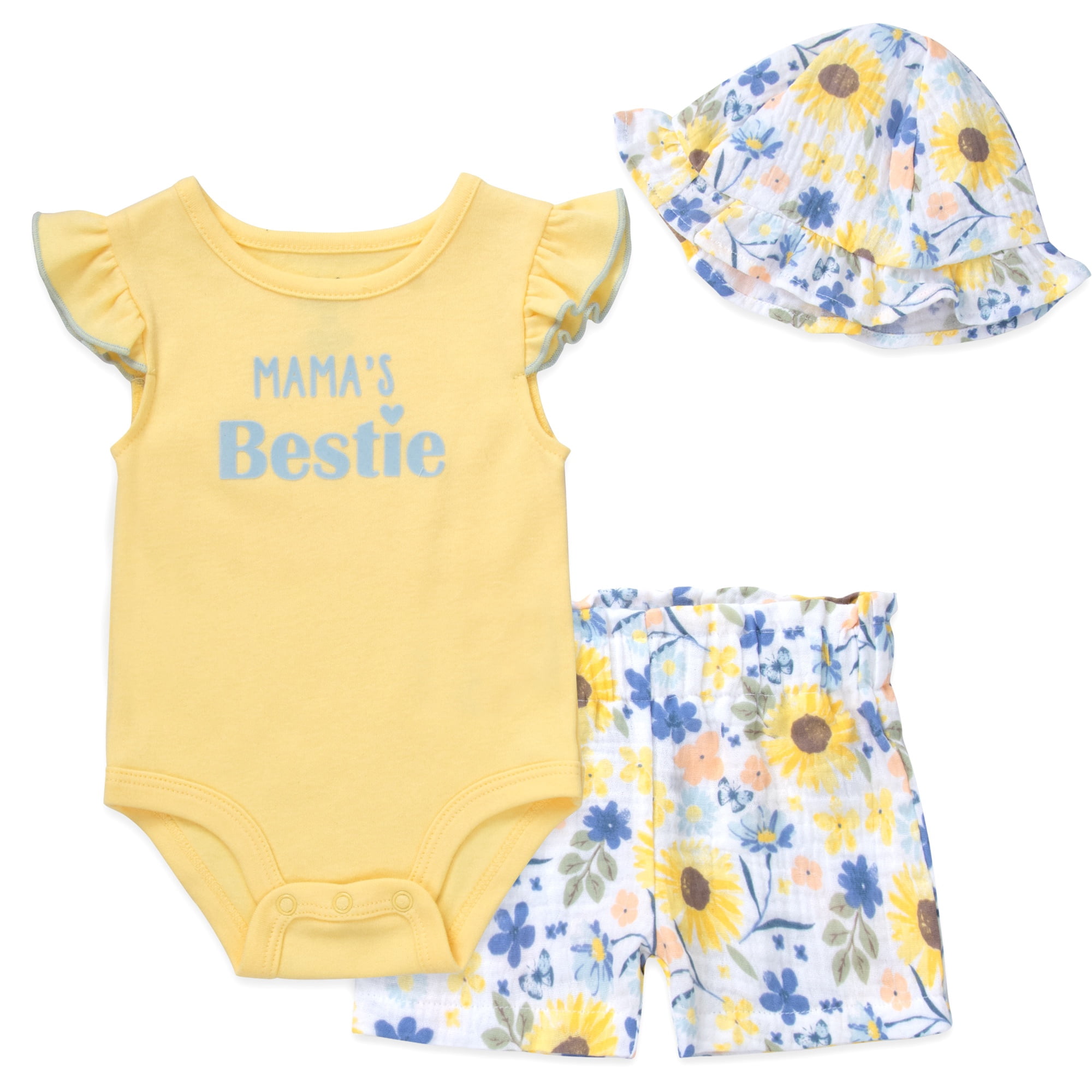 Baby Essentials Baby Girl 3-Piece Layette Set, Bodysuit, Floral Shorts & Sun Bucket Hat, Spring Summer Vacation Outfit, (Mama's Bestie Yellow, 3 months)