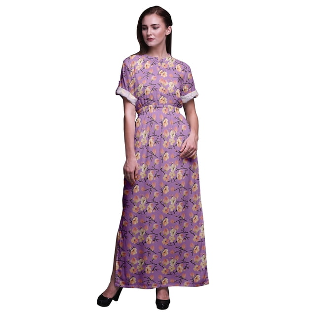 Bimba Robe Kimono Imprimée à l'Aquarelle de Fleurs de Pommier en Rayonne Manches Longues Maxi Fendue d'Été-TTTG