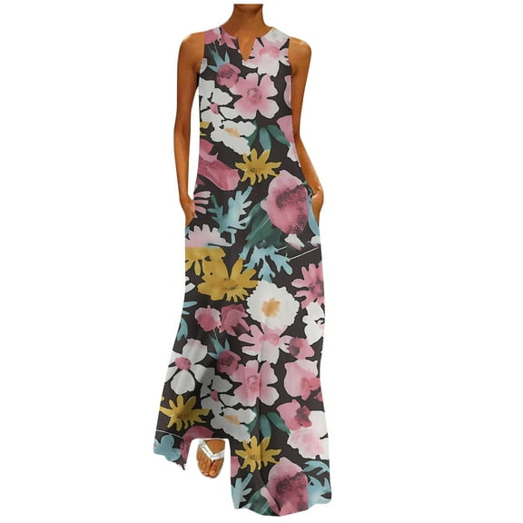 IROINNID Women's Sleeveless Sundress Full-Length Comfy Casual Summer Pockets Mid Calf Dress Printed V-Neck Dress