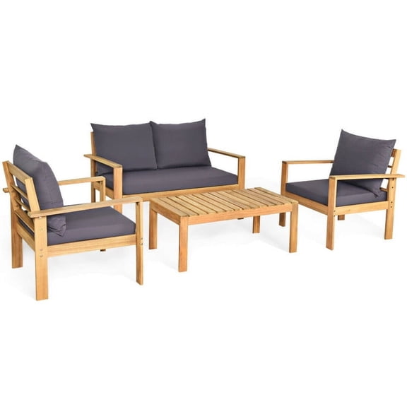 Spaco 4 Pieces Patio Solid Wood Furniture Set with Includes Coffee Table and Ottoman, Patio Furniture Set with Solid Wood Frame and Comfortable Washable Cushions, Gray
