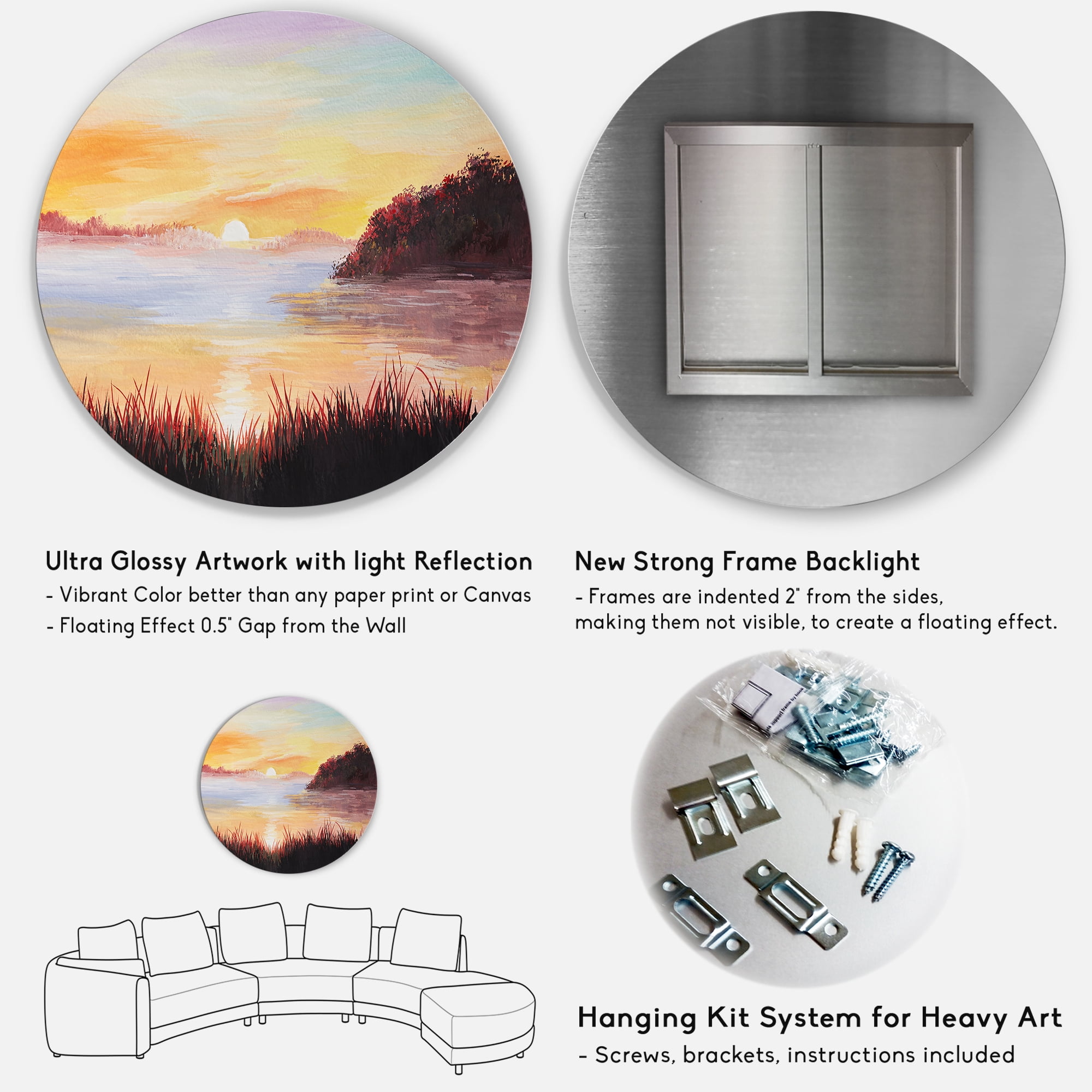 Designart 'The Reeds On The Lake In Evening Glow' Nautical & Coastal Circle Metal Wall Art 36x36 - Disc of 36