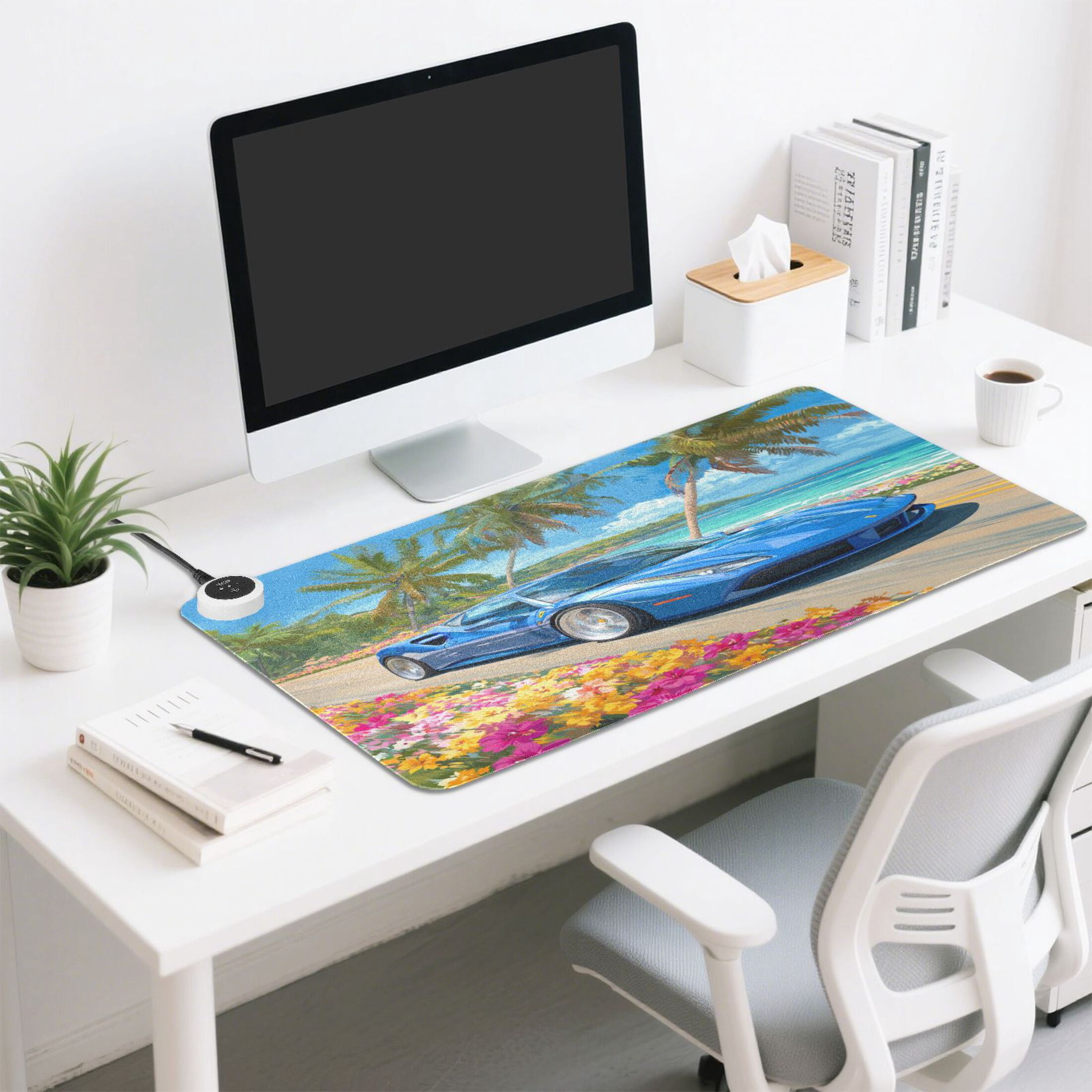 Large Heated Desk Mat Mouse Pad 31.5"x13"PU Leather Graphene Heating Desk Warmer with 3 Temperature Settings 110V US Plug Non-Slip Warm Pad for Home, Office, and Gaming Blue Sports Car by The Beach