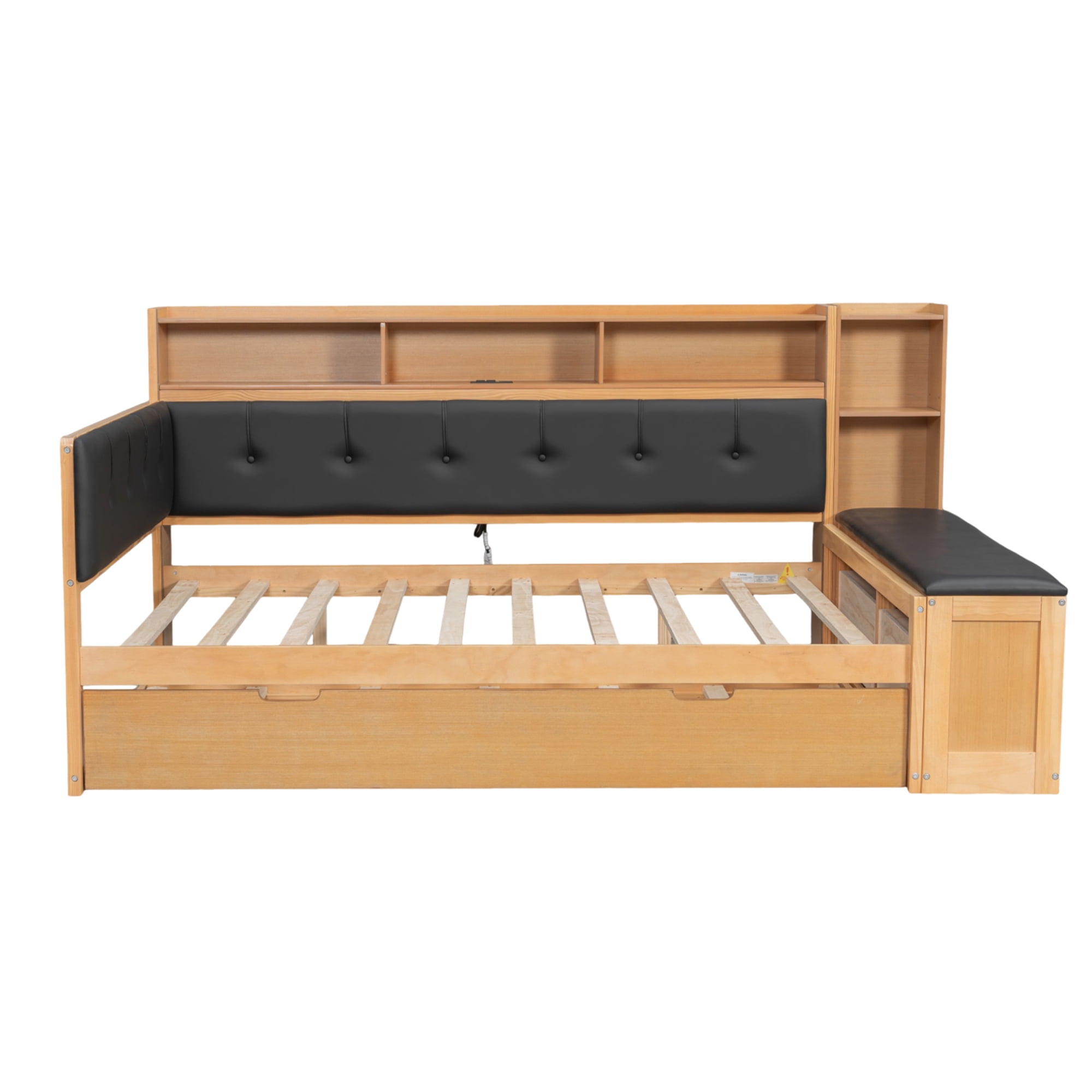 Euroco Wood Full Size Daybed with Trundle and Drawers, Storage Bed with Upholstery  Bench and Headboard, Charging Station and Shelves, Natural