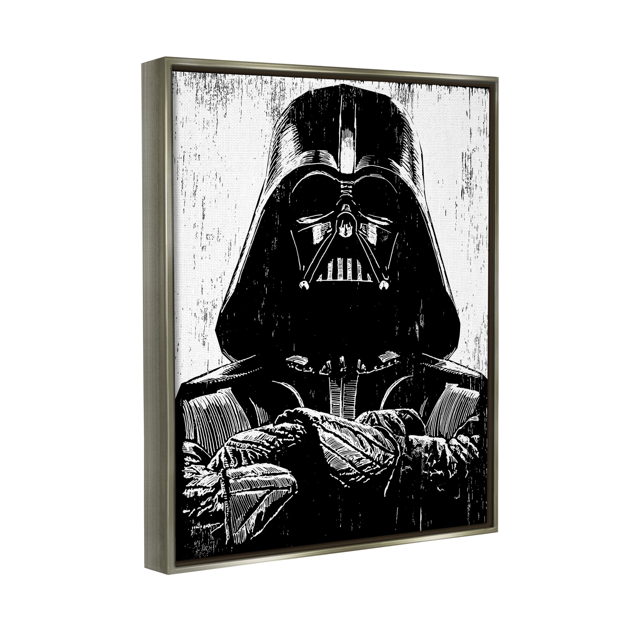 Stupell Industries Black and White Star Wars Darth Vader Distressed Wood Etching Luster Gray Framed Floating Canvas Wall Art, 24x30, by Neil Shigley