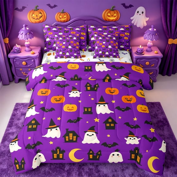 Homewish Halloween Witch Ghost 7-Piece Twin Bedding,Jack O Lantern House Pattern Bedding Comforter Set,Violet Black,Halloween Reversible