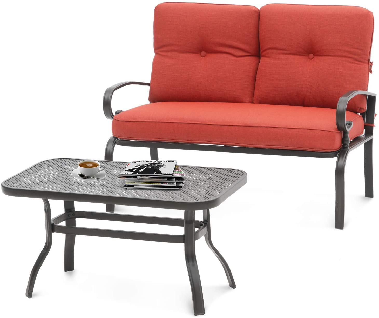 SUNCROWN 2-Piece Patio Furniture Outdoor Loveseat Set Wrought Iron Frame Bench Sofa with Coffee Table, Red - image 5 of 6
