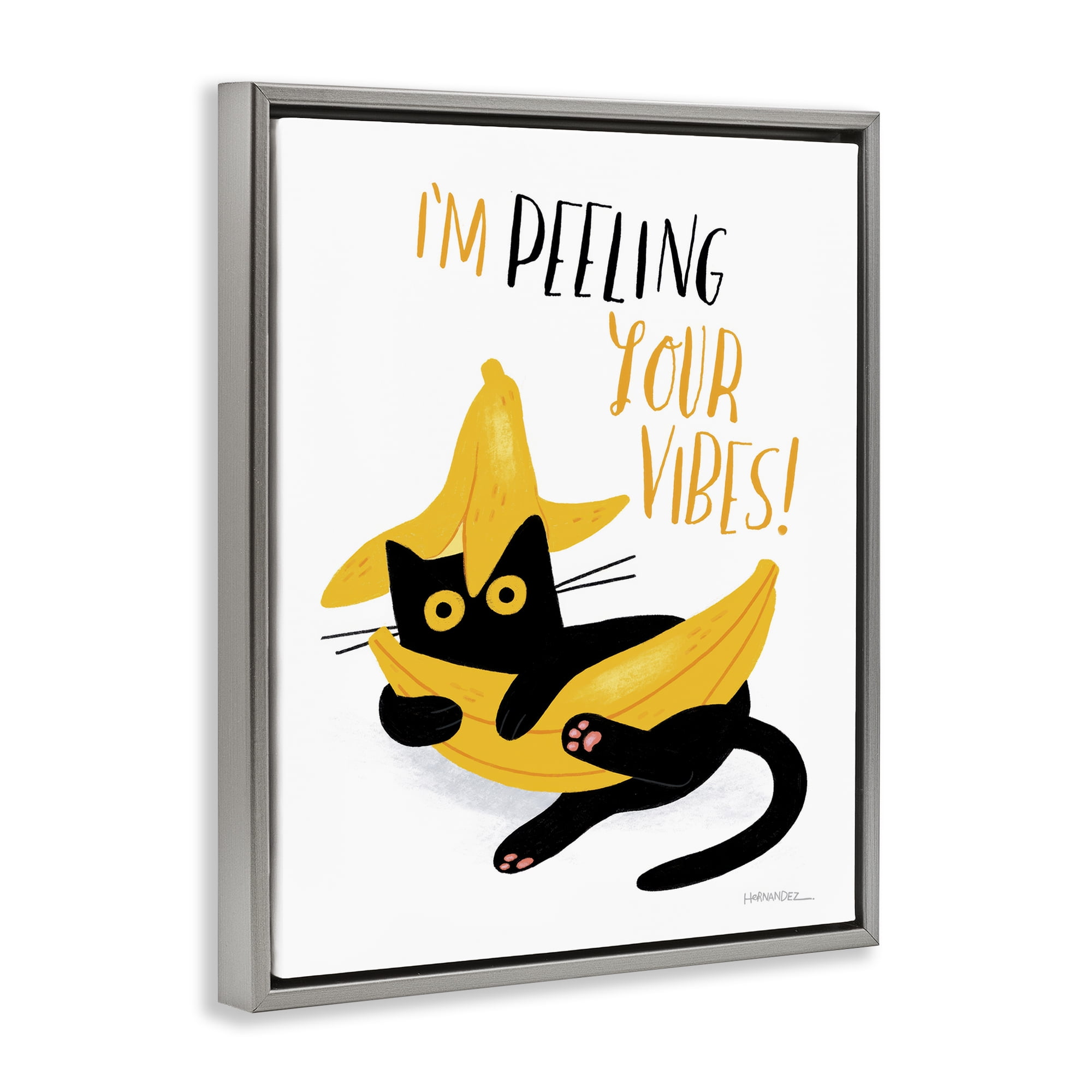 Stupell Industries Peeling Your Vibes Cat Animals Painting Gray Floater Framed Canvas Art Print Wall Art, 17 x 21