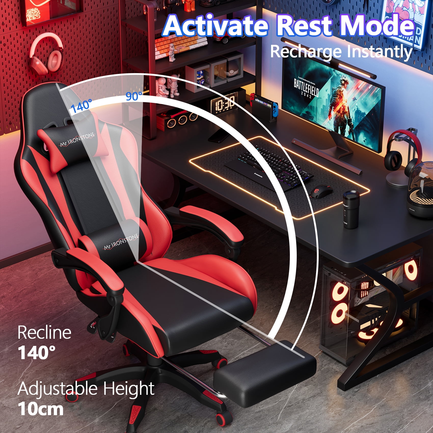 Mr IRONSTONE Ergonomic Gaming Chair with Massage Lumbar Support and Footrest, Heavy Duty 400lbs Computer Chair for Adults, Red/Black