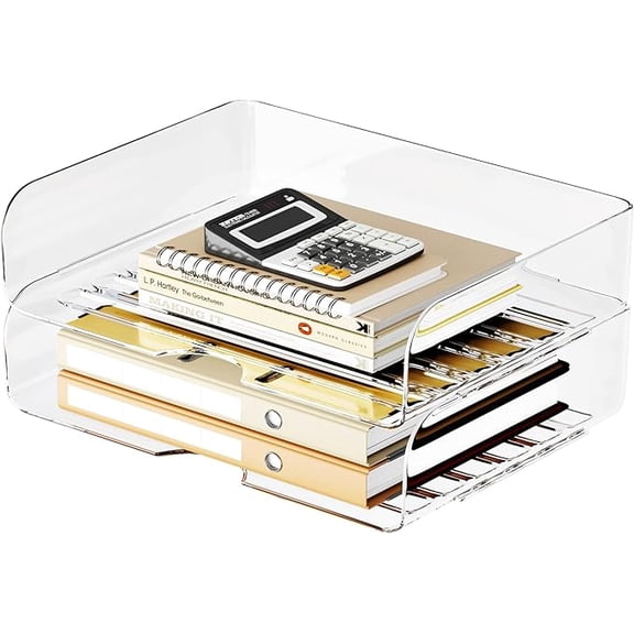 2 Pack Desktop Organizer A4 File Storage Tray Papers Rack Book Shelf for Desk, Office Organizer and Storage for Desk Accessories, Notes, Books, File Paper, Document(Transparent)