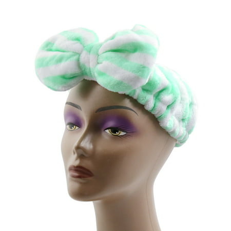 Green Stripe Coral Velvet Cute Bow Tie Bath Make Up Face Wash Hair Band Headband