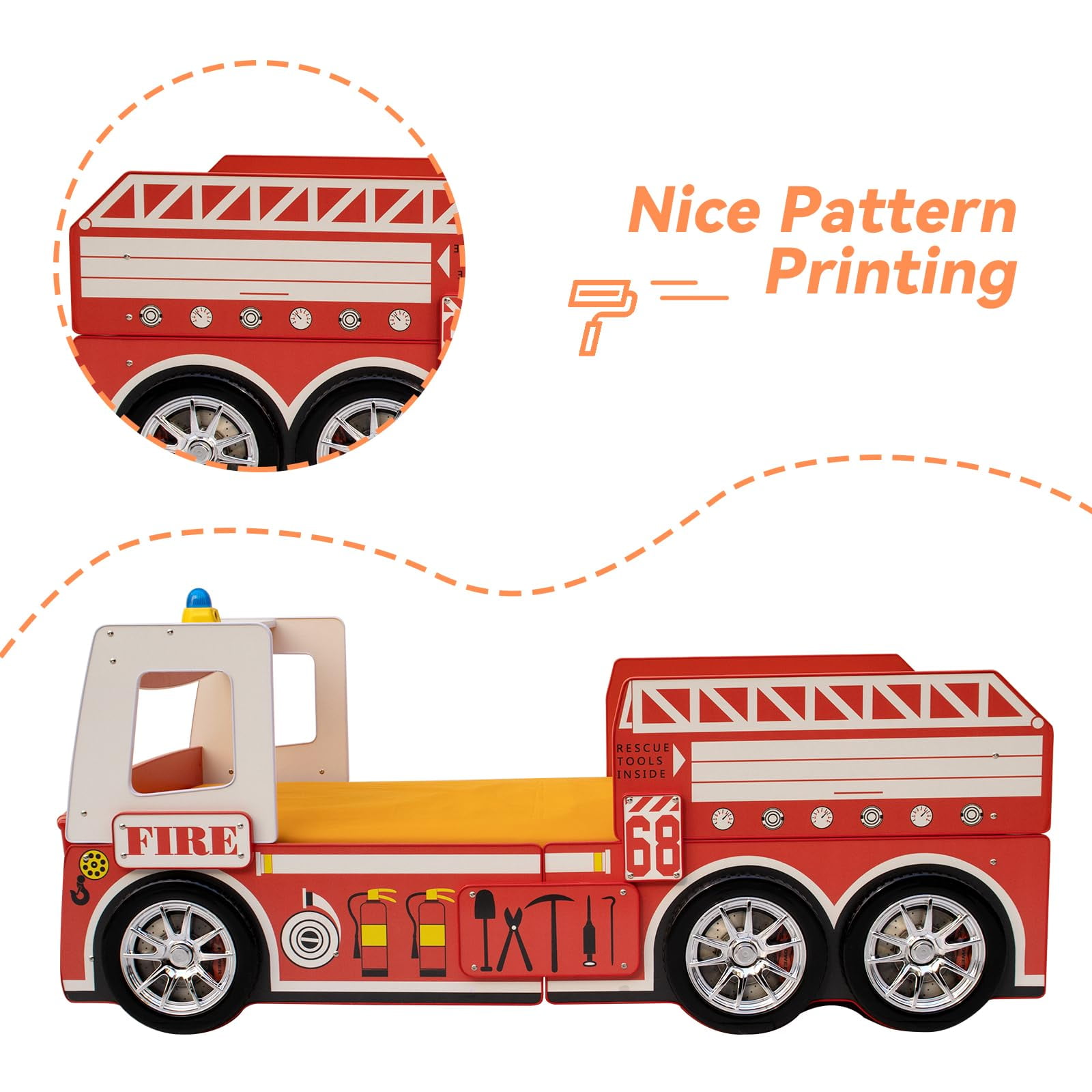Twin Size Fire Truck Bed for Kids - Red Wooden Platform Frame with LED Lights, Wheels & Slat Support ,No Box Spring Needed