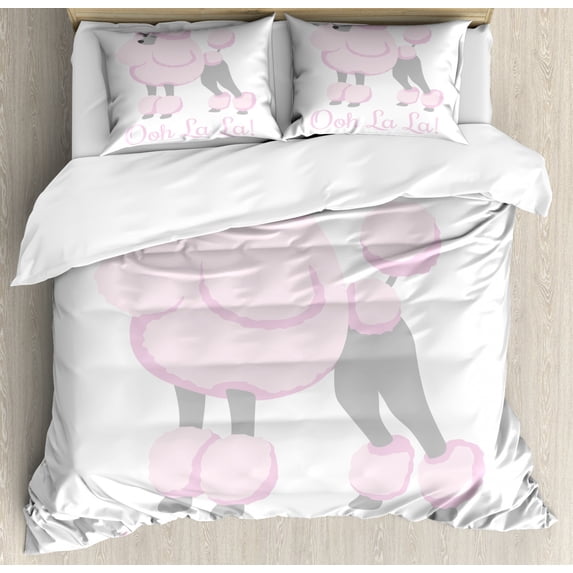 Ooh La La Duvet Cover Set Queen Size, Poodle Interpretation with Typography Animal Lovers Theme Print, Decorative 3 Piece Bedding Set with 2 Pillow Shams, Pale Mauve and Pale Taupe, by Ambesonne
