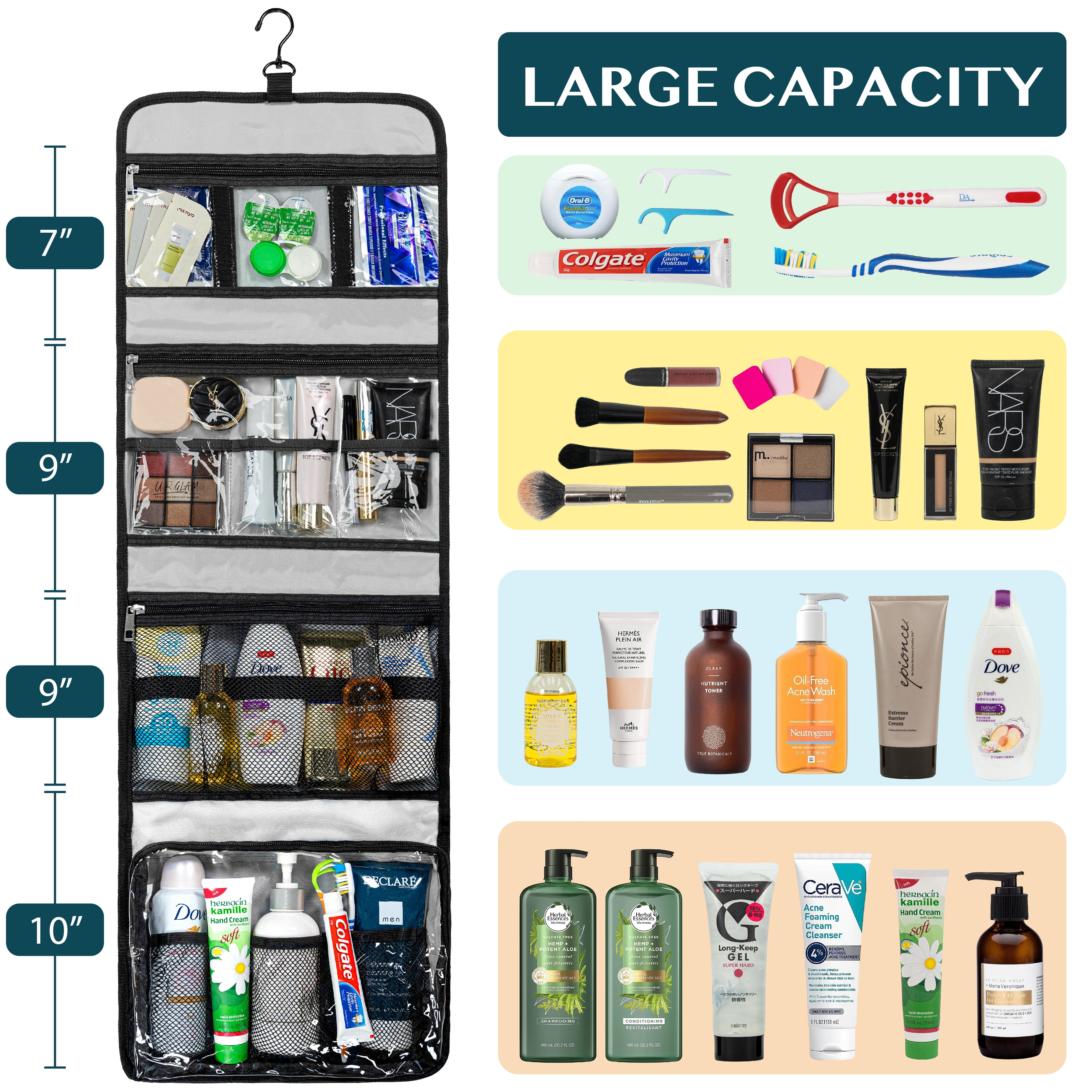 PAVILIA Travel Hanging Toiletry Bag for Women Men, Extra Large Capacity Makeup Bag Kit, Waterproof Cosmetic Storage Organizer Case for Bathroom Shower, Black