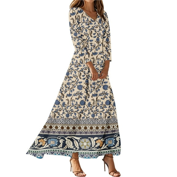 Elegant Long Dresses For Women 2025 Long Sleeve V Neck Vintage Tunic WaistedMaxi Dress Floral Printed Beach Clothes Trendy Boho Dresses