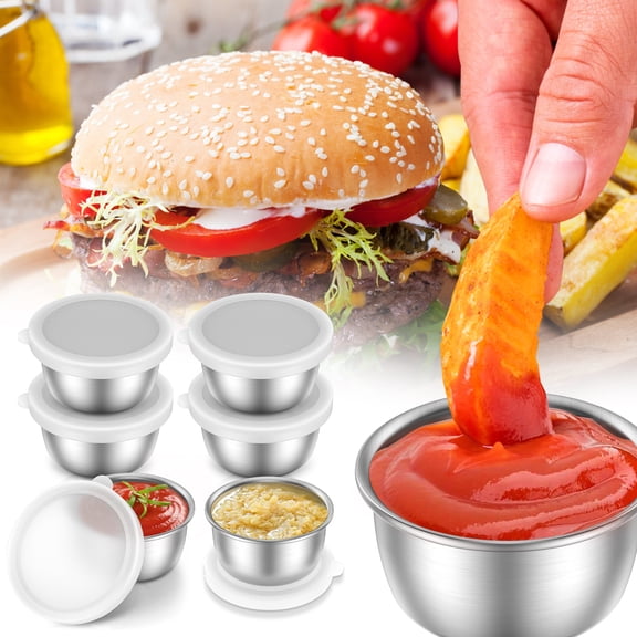 Fkszll 6 Pcs Stainless Steel Dressing Cup with Lid 1.4 oz Mini Sauce Container Small Condiment Container Metal Dipping Sauce Cup Dishwasher Safe for Salt Pepper Seasoning Spice