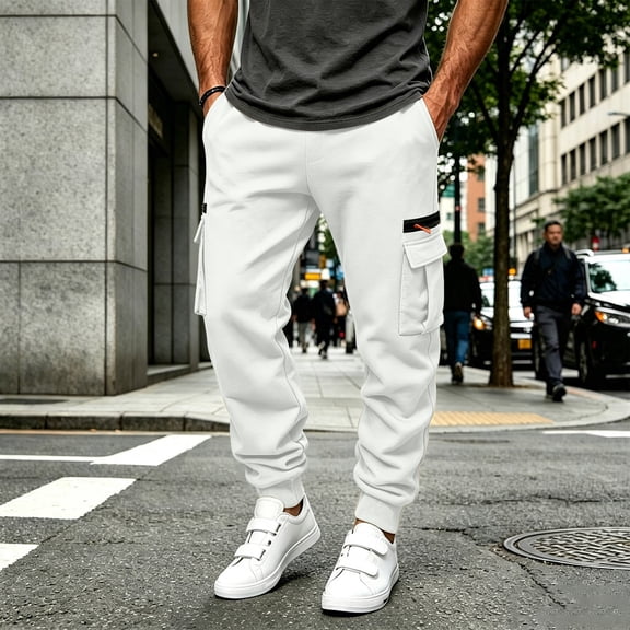 Fengqque Men's Heavyweight Fleece Cargo Sweatpants Baggy Drawstring Elastic Waist Jogger Pants with Multi Pockets White XL