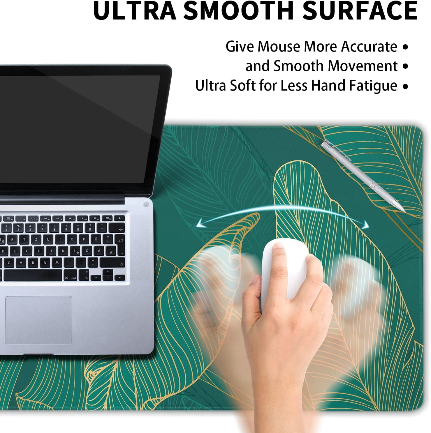 Tropical Leaf Mouse Pad 35.4 X 15.7 Inch XXL Green Gold Banana Leaf Print Full Desk Mousepad Extended Large Non-Slip Rubber Base Keyboard Mat with Stitched Edges for Gaming Office