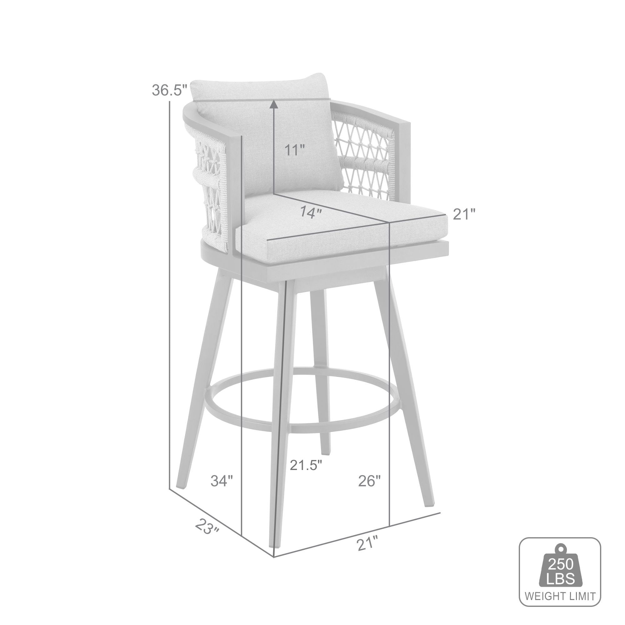 Zella Outdoor Patio Swivel Counter Stool in Aluminum with Light Gray Rope and Earl Gray Cushions - Set of 2