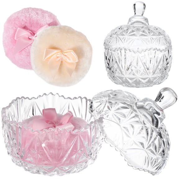 3 Pcs Glass Powder Puff Container Set, Decorative Transparent Glass Jar with Lid, Large Powder Puffs, Ideal for Adult Body Powder Application