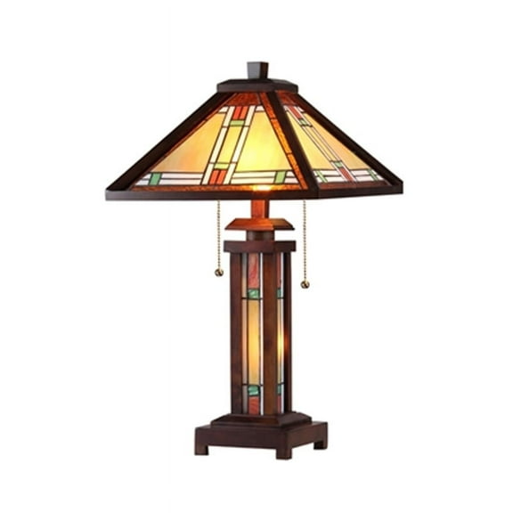 Chloe Lighting Aaron Tiffany-Style 3-Light Mission Double Lit Wooden Table Lamp with 15" Shade