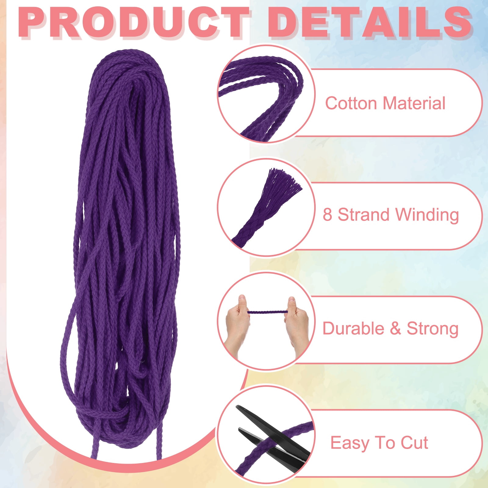 Braided Macrame Cord, 3/16" x 164ft 8 Strand Cotton Rope Braided String with Cord End Caps for Drawstring, Plant Hanger Wall Hanging, Dream Catcher Crafts, Purple