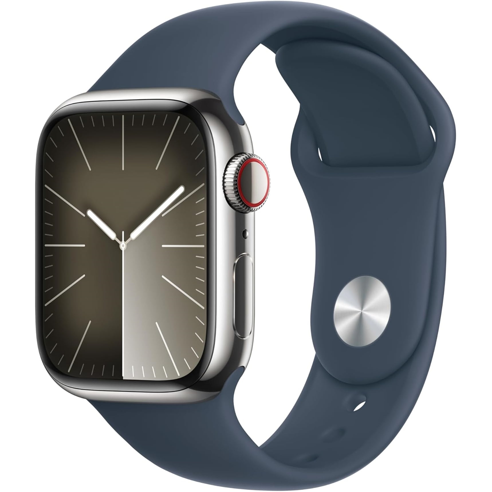 Apple Watch Series 9 GPS + Cellular, 41mm Silver Stainless Steel Case with Storm Blue Sport Band, 18 Hour Battery Life, 1 Count
