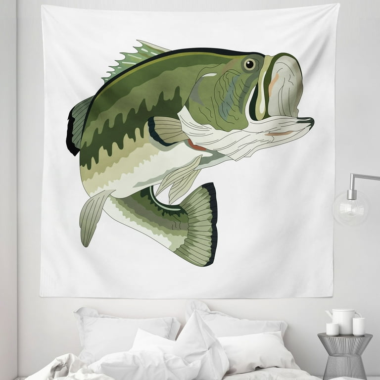 Bass Fish Tapestry, Huge Mouth Open Bait Angle Catching Sea Animal Food  Cuisine Art, Fabric Wall Hanging Decor for Bedroom Living Room Dorm, 5  Sizes, Ivory Olive Green and Dusk, by Ambesonne 