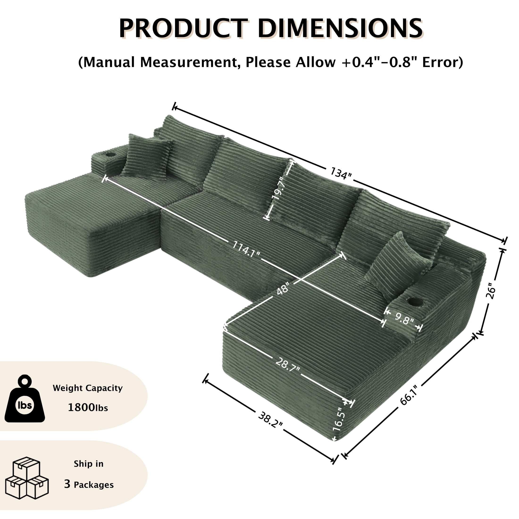 ShiKeyi 134" Modular U-Shaped Cloud Sofa, 5 Seater Corduroy Sectional Couch with Deep Seats Double Chaise & Soft Boneless Design, Green