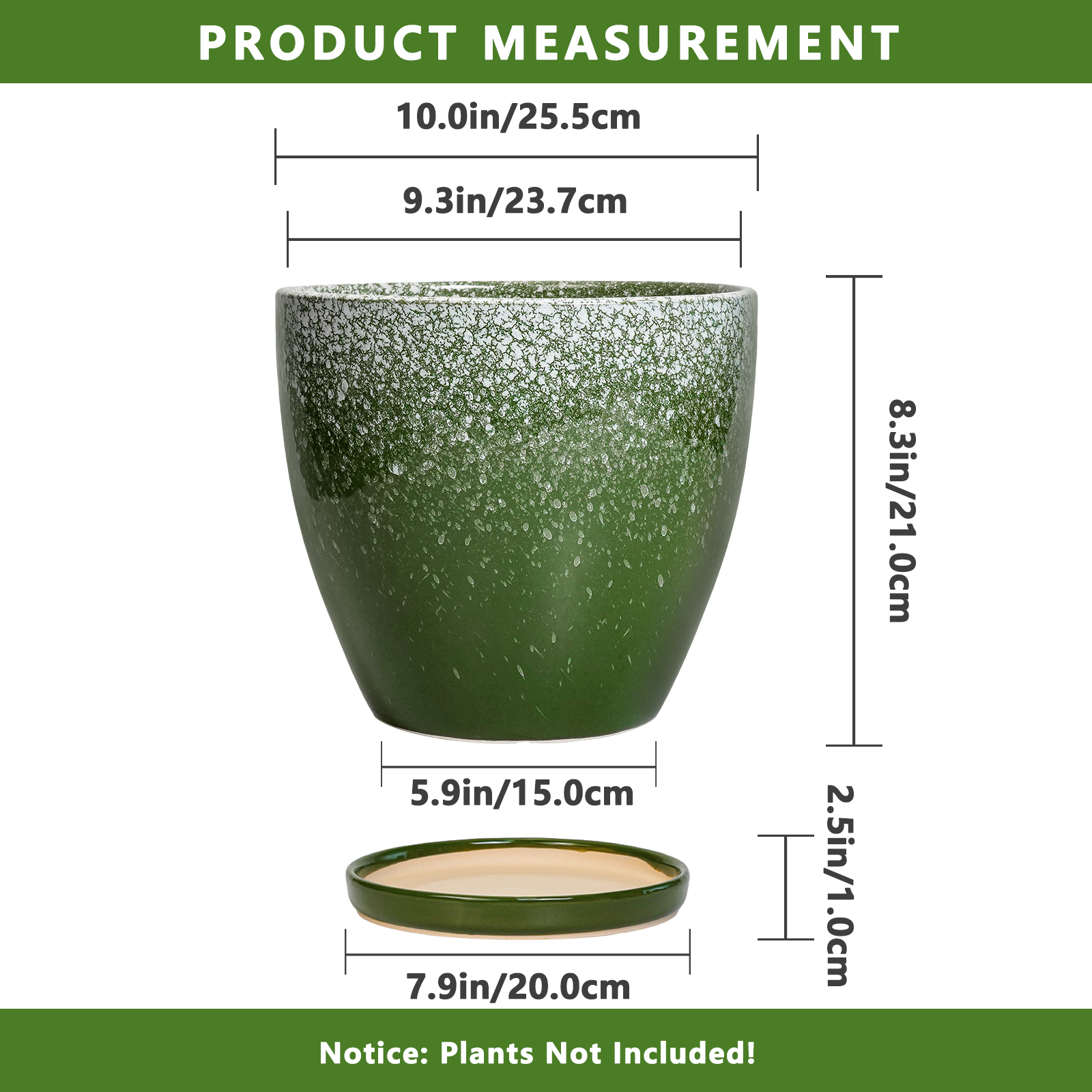 Ordivic 10 inch Large Round Ceramic Planter with Drainage Hole & Saucer, Blackish Green Floor Plant Pot for Fiddle Leaf Fig & Monstera
