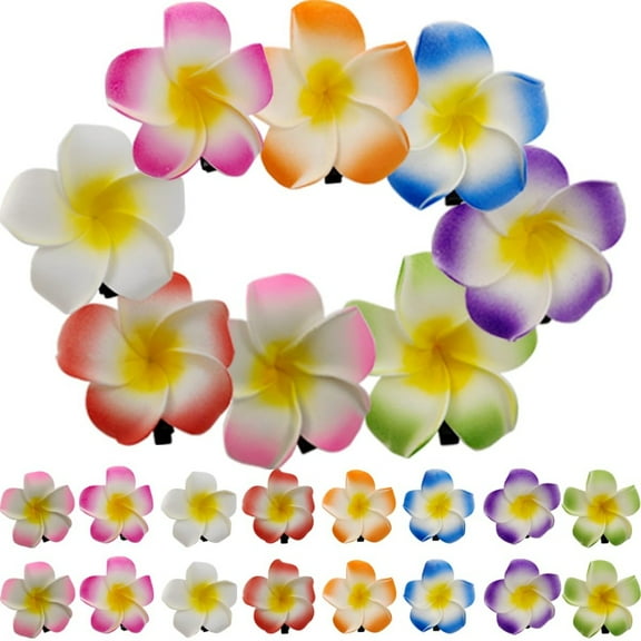40PCS Premium Fake Plumeria Hair Clips, Vibrant 8-Color Set, Durable Foam Flowers with Metal Clips, for Hawaiian Luau Beach Wedding Party Decor
