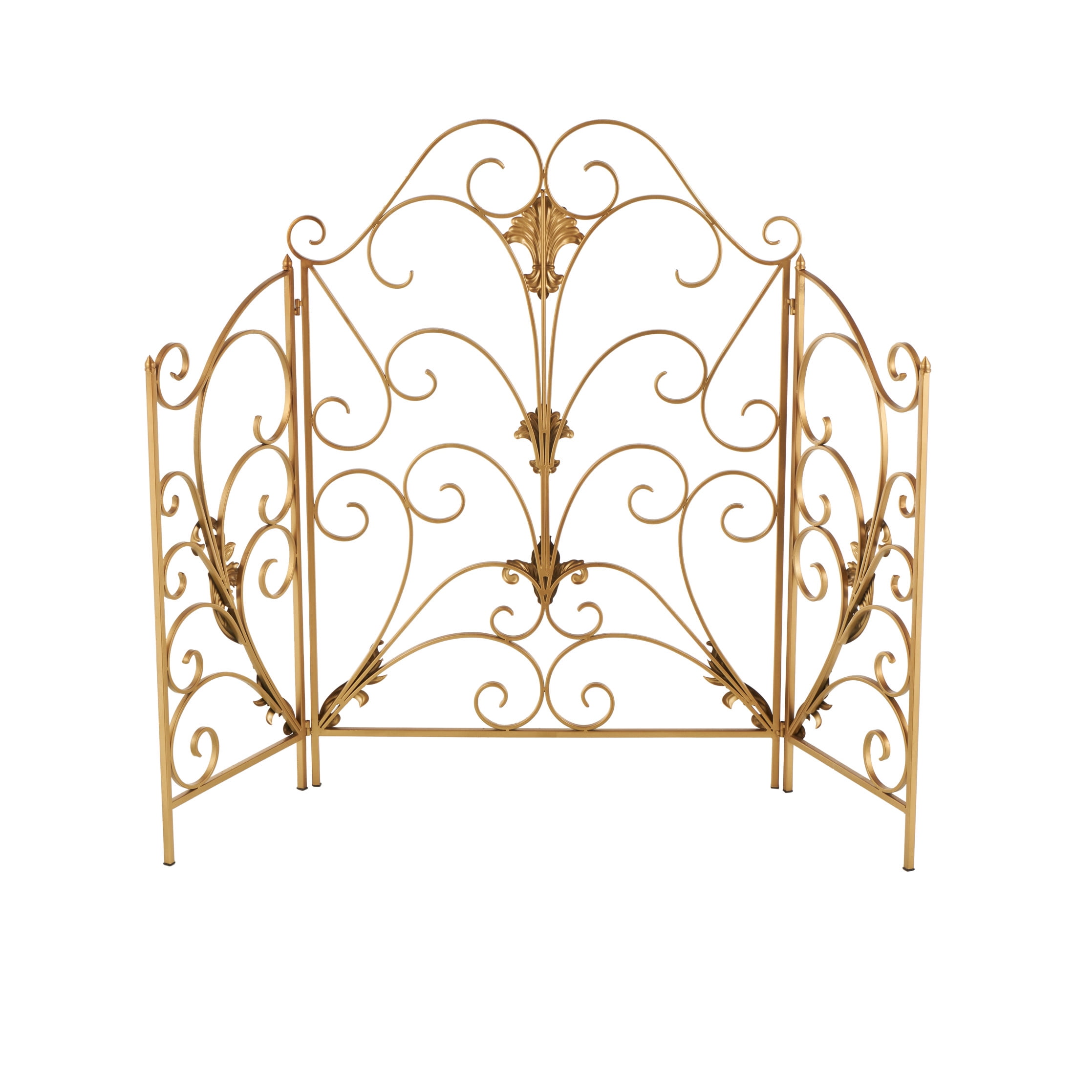 DecMode 29" x 40" Gold Metal Foldable 3 Panel Scroll Fireplace Screen with Fleur De Lis Accents, 1-Piece