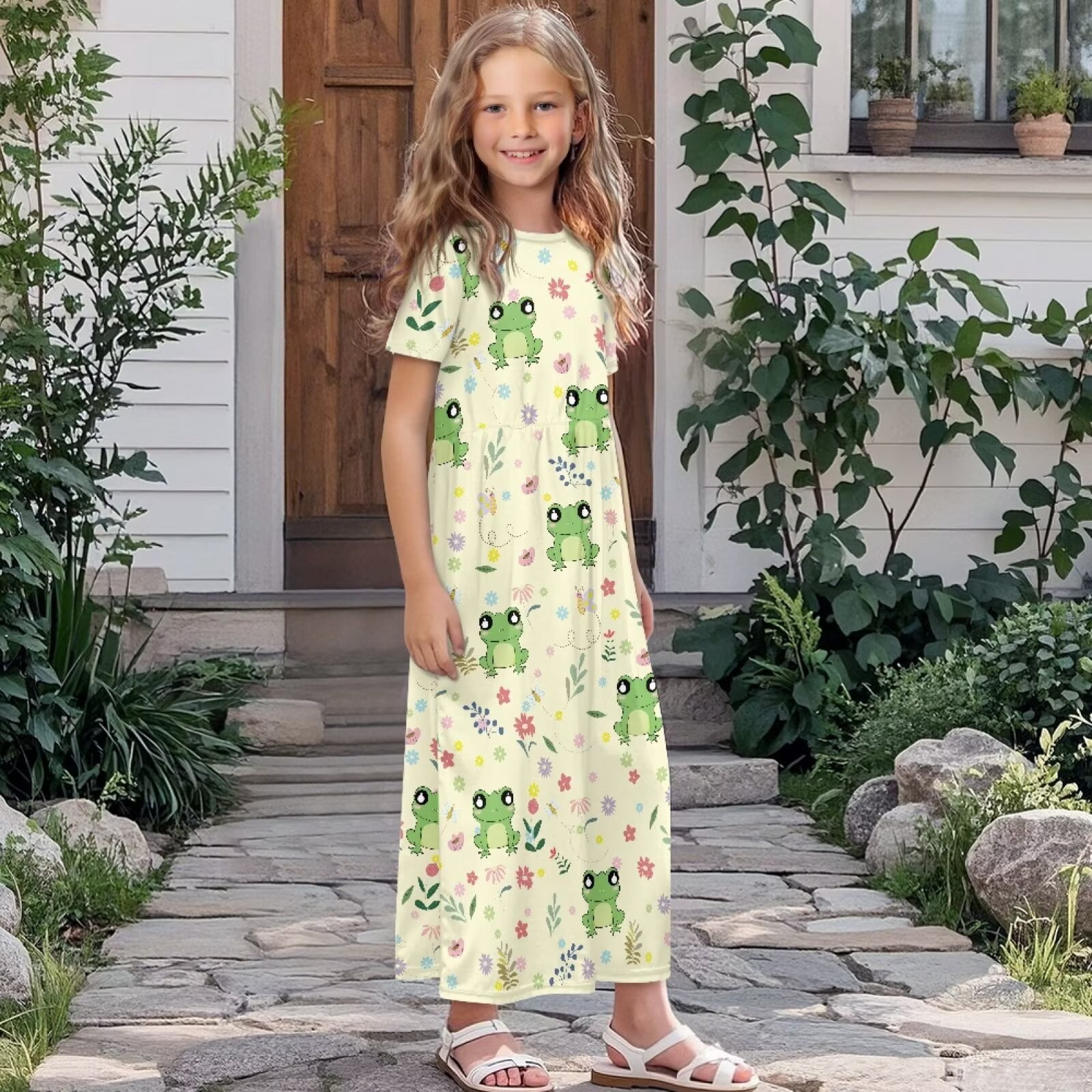 Uourmeti Girls Elegant Maxi Dress, Cute Frog Floral Printed Short Sleeves Dress with Pockets Summer Long Holiday Dresses, Size 9-10 Years