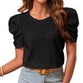 thumbnail image 1 of Camiseta Cuello Redondo Puff Manga Corta Recortada Jacquard Liso Moda Slim Fit Summer Top Negro XL, 1 of 7
