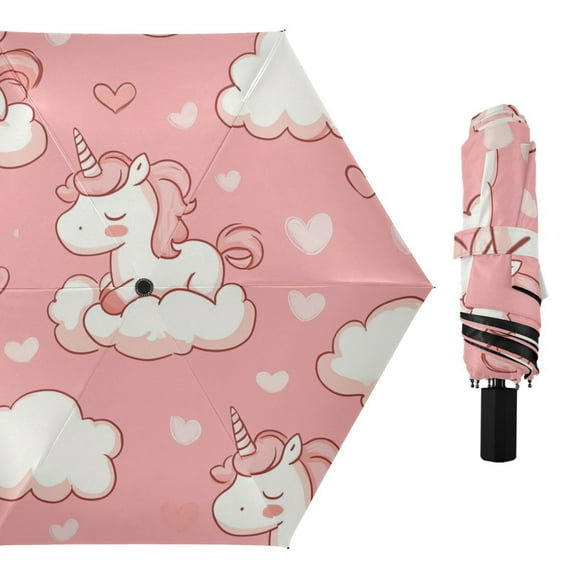 Valentine Clouds Unicorns Hearts All Weather Umbrella Triple Folding Parasol 6 Ribs UV Protection Portable